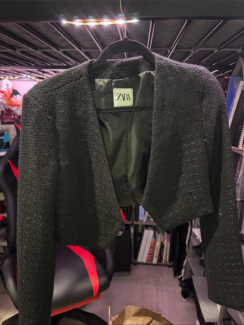 ZARA Black Cropped Open-Front Textured Blazer